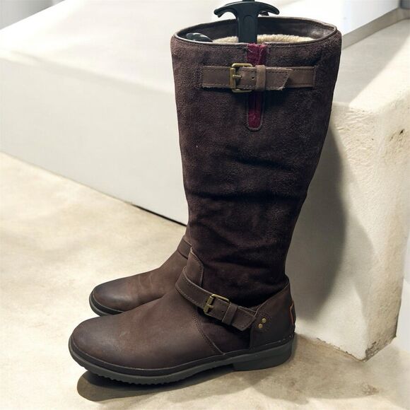 UGG THOMSEN Waterproof Tall Riding Boot Fur Zip Leather Suede Stout Brown Sz 8.5 - Picture 1 of 14